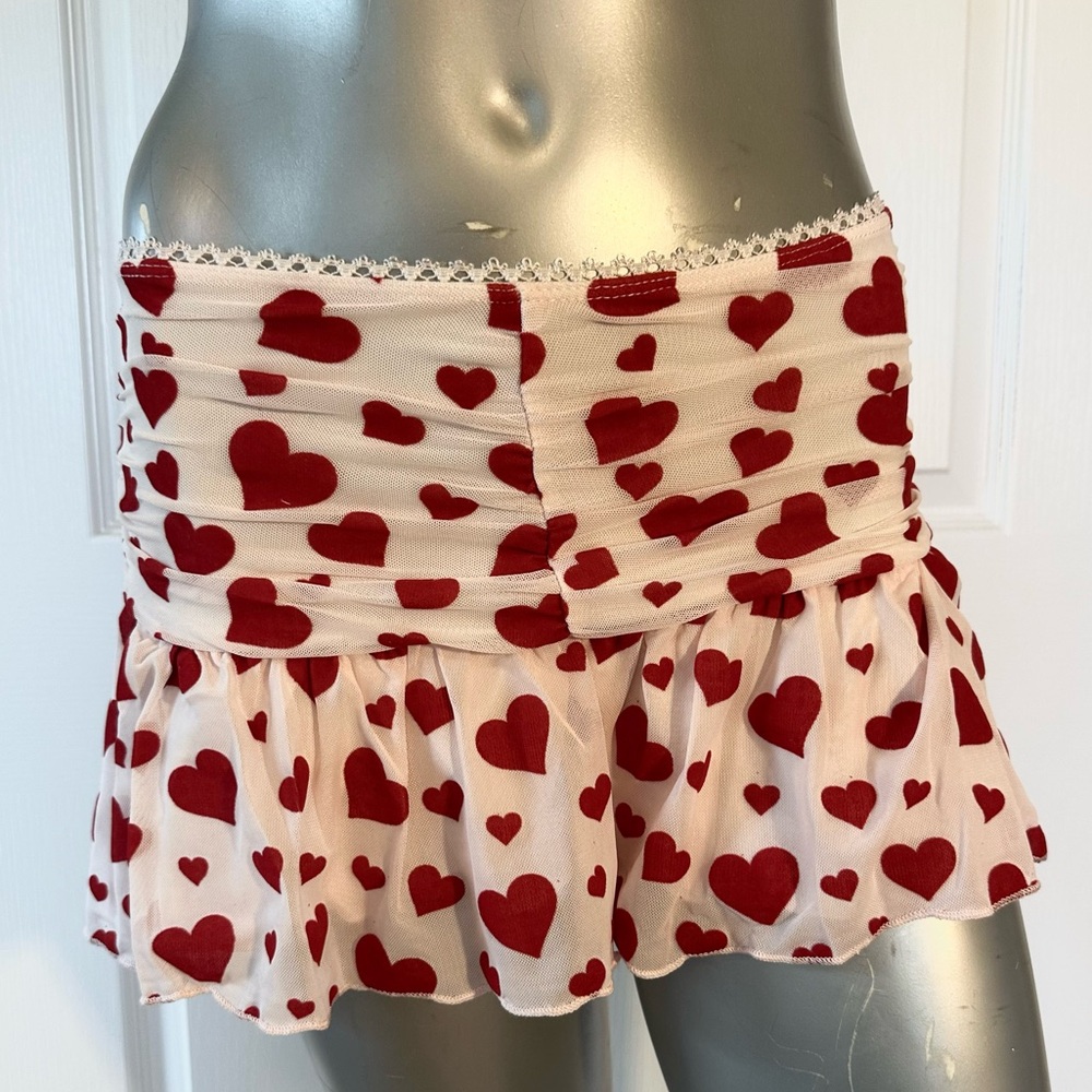 Heart Print Mesh Drop Waist Ruched Skirt NWT